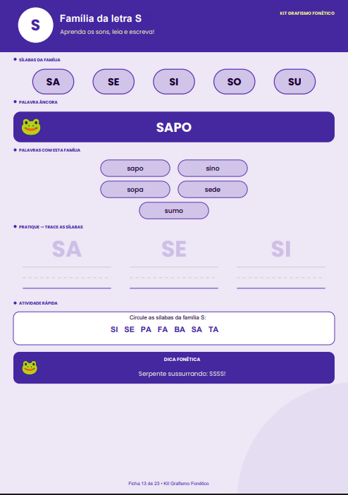 Ficha Silábica — Família da letra S com SAPO